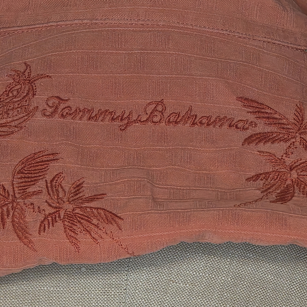 Tommy Bahama 100% Silk Orange Embroidered Pineapple Palm Tree Camp Shirt - M - Picture 9 of 13